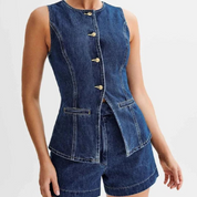 Rosa 2-Teiliges Set | Stilvolles Denim-Top mit Rundhalsausschnitt und Ärmellos sowie High-Waist-Shorts