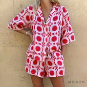 Tropisches Set | Rosa-rotes Hemd & Shorts Outfit, Damenbekleidung