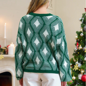 Tina Pullover mit Muster | Grüner und weißer Rundhalspullover mit geometrischem Design