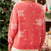 Mia Weihnachtssweater | Roter Damen-Sweater mit Schneeflocken und langen Ärmeln