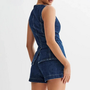 Rosa 2-Teiliges Set | Stilvolles Denim-Top mit Rundhalsausschnitt und Ärmellos sowie High-Waist-Shorts