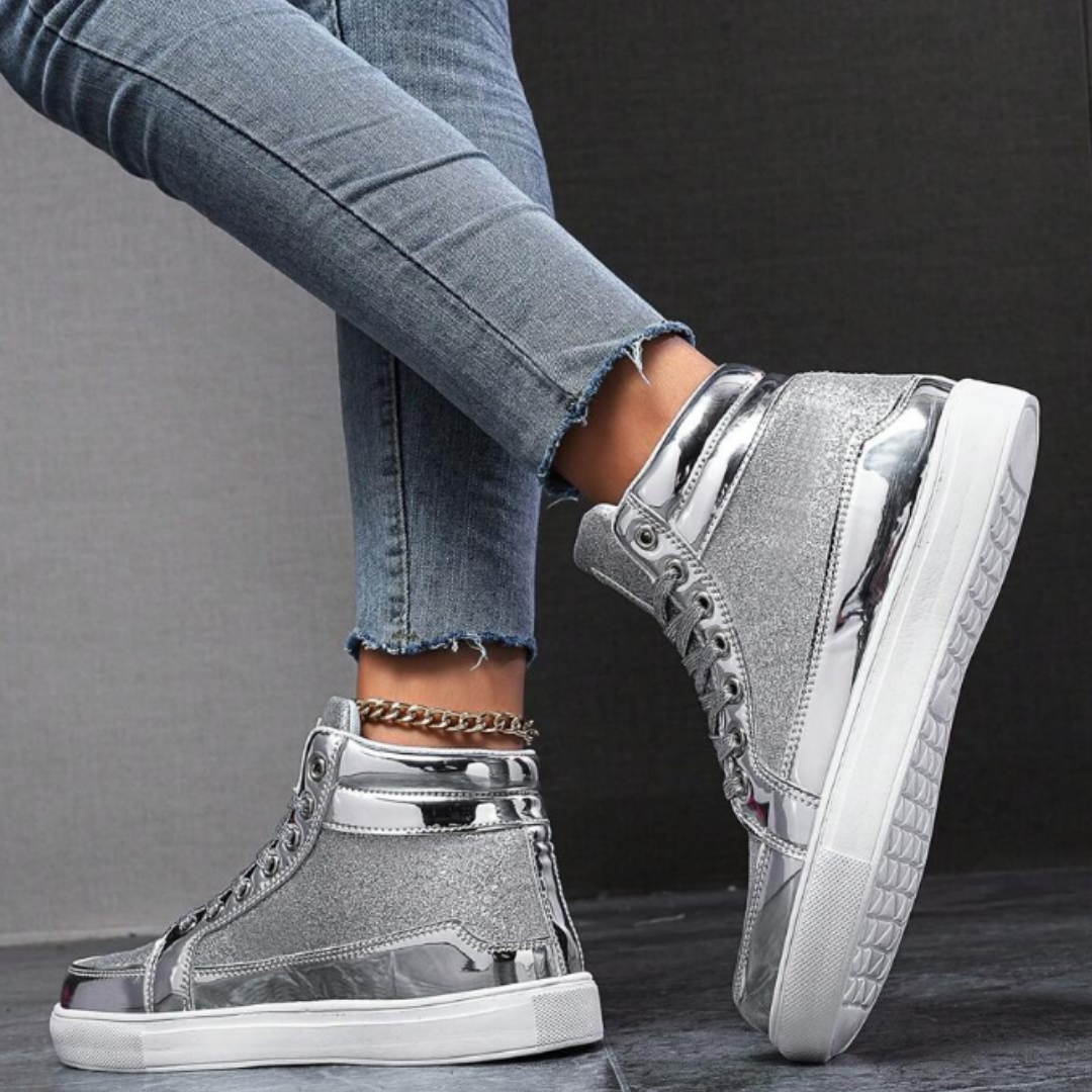 Glimmer Sneakers | Leder High-Top-Glitter-Sneakers mit metallischer Textur