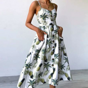 Lena Midikleid | Elegantes ärmelloses Kleid mit Sonnenblumenmuster und Knopfleiste