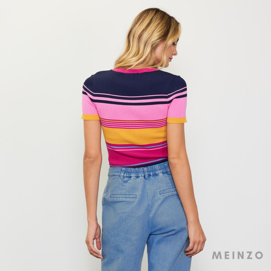 Gestreiftes Strick-Top | Regenbogenfarbenes, gestreiftes Kurzarm-Top