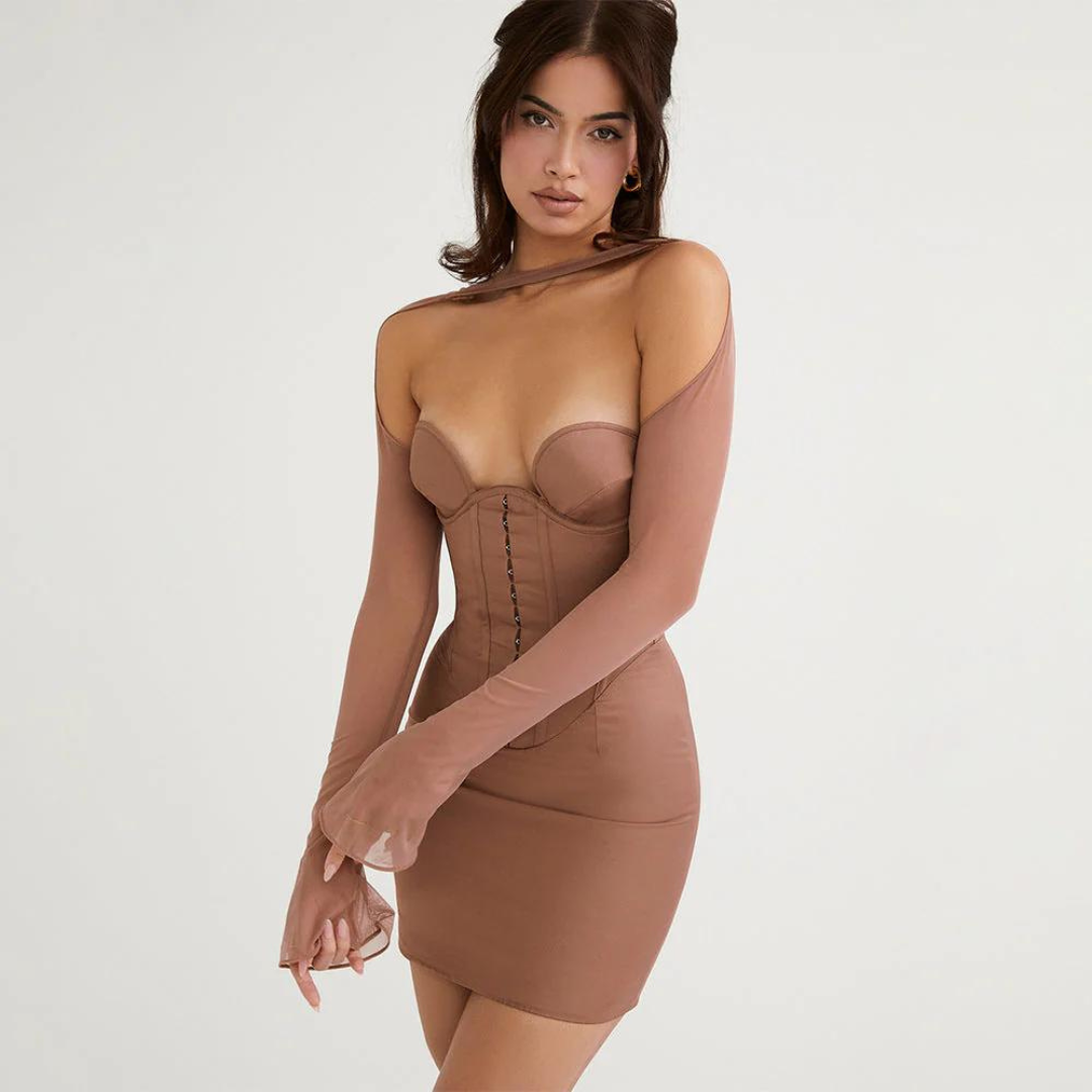 Monika Kleid | Stilvolles braunes Bodycon-Korsett-Kleid