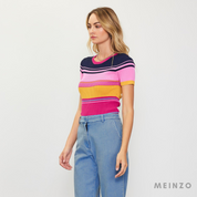 Gestreiftes Strick-Top | Regenbogenfarbenes, gestreiftes Kurzarm-Top