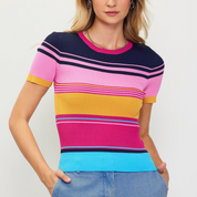 Gestreiftes Strick-Top | Regenbogenfarbenes, gestreiftes Kurzarm-Top