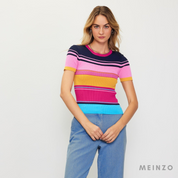 Gestreiftes Strick-Top | Regenbogenfarbenes, gestreiftes Kurzarm-Top